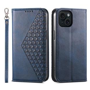 For iPhone 15 Cubic Grid Calf Texture Magnetic Leather Phone Case(Blue)