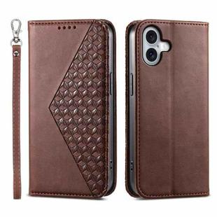 For iPhone 16 Plus Cubic Grid Calf Texture Magnetic Leather Phone Case(Brown)