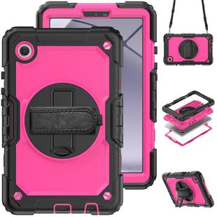 For Samsung Galaxy Tab A9 Silicone + PC Tablet Case with Shoulder Strap(Black+Rose Red)