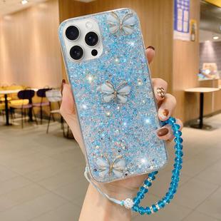 For iPhone 15 Pro Max Starry Sequin Jade Butterfly Epoxy TPU Phone Case with Strap(Blue)