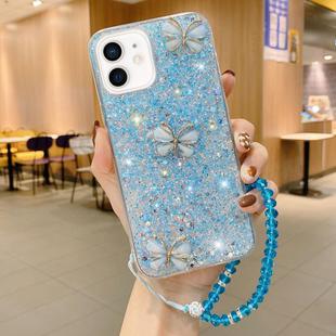 For iPhone 12 Starry Sequin Jade Butterfly Epoxy TPU Phone Case with Strap(Blue)
