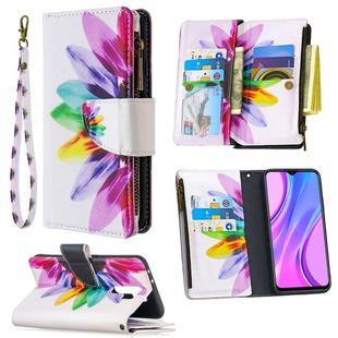 For Xiaomi Redmi 9 Colored Drawing Pattern Zipper Horizontal Flip Leather Case with Holder & Card Slots & Wallet(Sun Flower)