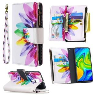 For Xiaomi Redmi Note 9 Colored Drawing Pattern Zipper Horizontal Flip Leather Case with Holder & Card Slots & Wallet(Sun Flower)