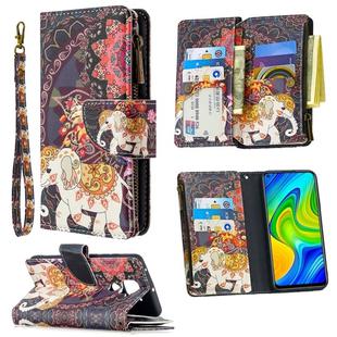 For Xiaomi Redmi Note 9 Colored Drawing Pattern Zipper Horizontal Flip Leather Case with Holder & Card Slots & Wallet(Flower Elephants)