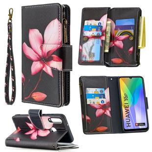 For Huawei Y6p Colored Drawing Pattern Zipper Horizontal Flip Leather Case with Holder & Card Slots & Wallet(Lotus)