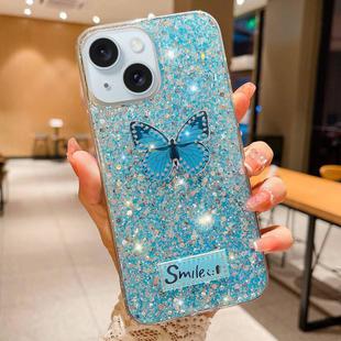 For iPhone 15 Plus Starry Sequin Rhinestones Butterfly Epoxy TPU Phone Case(Blue)