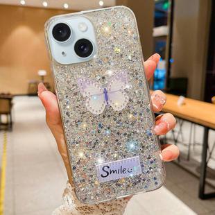 For iPhone 13 Starry Sequin Rhinestones Butterfly Epoxy TPU Phone Case(Silver)