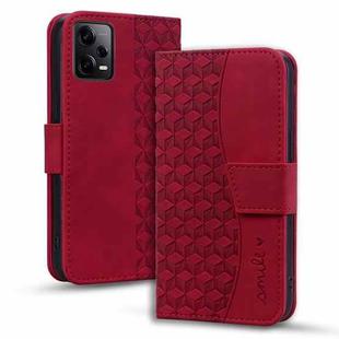 For Xiaomi Redmi Note 12 5G Global Business Diamond Buckle Leather Phone Case with Lanyard(Wine Red)