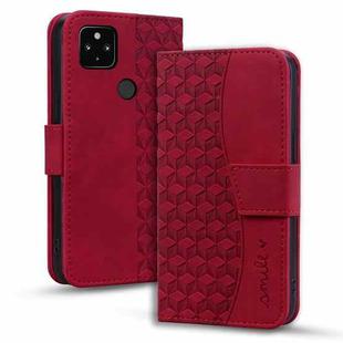 For Google Pixel 4a 5G Business Diamond Buckle Leather Phone Case with Lanyard(Wine Red)