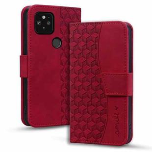 For Google Pixel 5 Business Diamond Buckle Leather Phone Case with Lanyard(Wine Red)