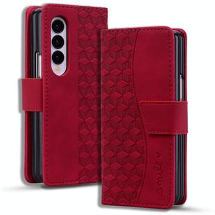 For Samsung Galaxy Z Fold4 Business Diamond Buckle Leather Phone Case with Lanyard(Wine Red)