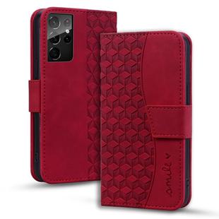For Samsung Galaxy S21 Ultra 5G Diamond Buckle Leather Phone Case with Lanyard(Wine Red)
