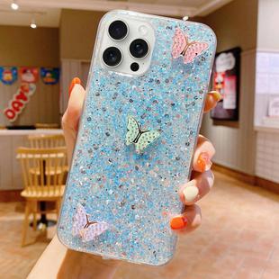 For iPhone 15 Pro Starry Sequin Rhinestones Color Butterflies Epoxy TPU Phone Case(Blue)
