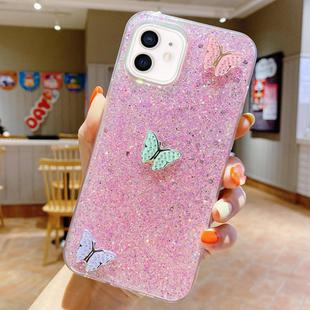 For iPhone 11 Starry Sequin Rhinestones Color Butterflies Epoxy TPU Phone Case(Pink)