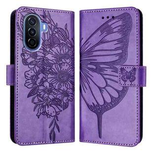 For Huawei Enjoy 50 4G / Nova Y70 Plus Embossed Butterfly Leather Phone Case(Purple)