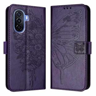 For Huawei Enjoy 50 4G / Nova Y70 Plus Embossed Butterfly Leather Phone Case(Dark Purple)