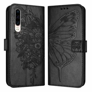 For Huawei P30 Embossed Butterfly Leather Phone Case(Black)