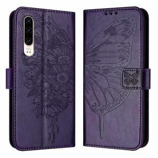 For Huawei P30 Embossed Butterfly Leather Phone Case(Dark Purple)