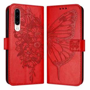 For Huawei P30 Embossed Butterfly Leather Phone Case(Red)