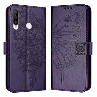 For Huawei P30 Lite / Nova 4e Embossed Butterfly Leather Phone Case(Dark Purple)