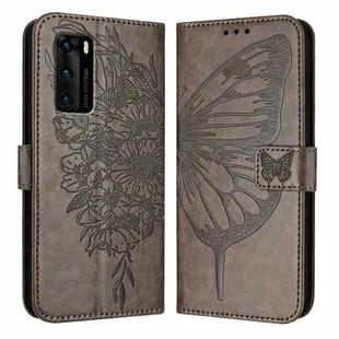 For Huawei P40 Embossed Butterfly Leather Phone Case(Grey)