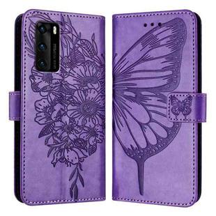 For Huawei P40 Embossed Butterfly Leather Phone Case(Purple)