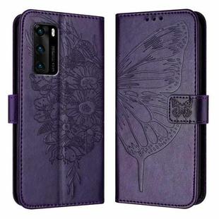 For Huawei P40 Embossed Butterfly Leather Phone Case(Dark Purple)