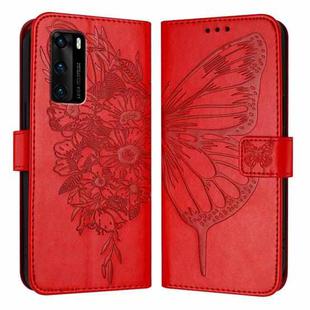 For Huawei P40 Embossed Butterfly Leather Phone Case(Red)
