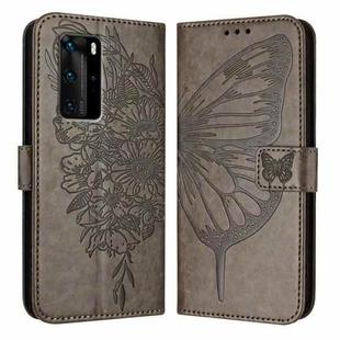 For Huawei P40 Pro Embossed Butterfly Leather Phone Case(Grey)