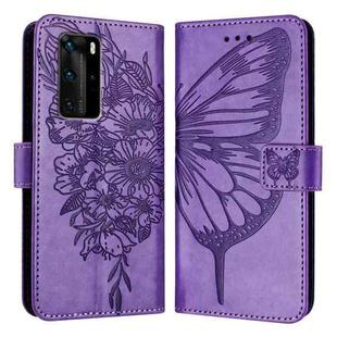 For Huawei P40 Pro Embossed Butterfly Leather Phone Case(Purple)