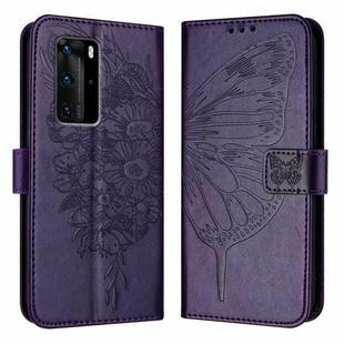 For Huawei P40 Pro Embossed Butterfly Leather Phone Case(Dark Purple)