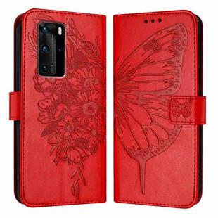 For Huawei P40 Pro Embossed Butterfly Leather Phone Case(Red)