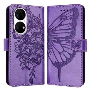 For Huawei P50 Embossed Butterfly Leather Phone Case(Purple)