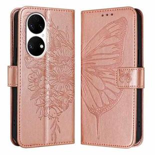 For Huawei P50 Embossed Butterfly Leather Phone Case(Rose Gold)
