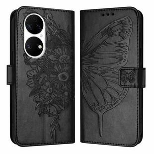 For Huawei P50 Embossed Butterfly Leather Phone Case(Black)