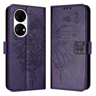 For Huawei P50 Embossed Butterfly Leather Phone Case(Dark Purple)