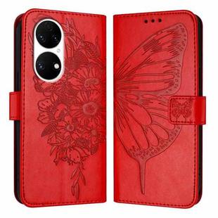 For Huawei P50 Pro Embossed Butterfly Leather Phone Case(Red)