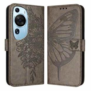 For Huawei P60 Art Embossed Butterfly Leather Phone Case(Grey)