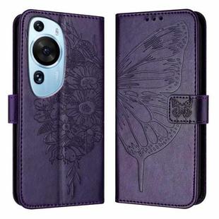 For Huawei P60 Art Embossed Butterfly Leather Phone Case(Dark Purple)