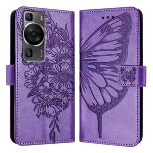 For Huawei P60 / P60 Pro Embossed Butterfly Leather Phone Case(Purple)