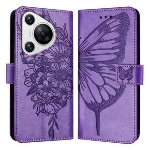 For Huawei Pura 70 Embossed Butterfly Leather Phone Case(Purple)