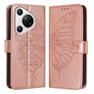 For Huawei Pura 70 Embossed Butterfly Leather Phone Case(Rose Gold)
