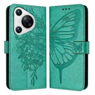 For Huawei Pura 70 Embossed Butterfly Leather Phone Case(Green)