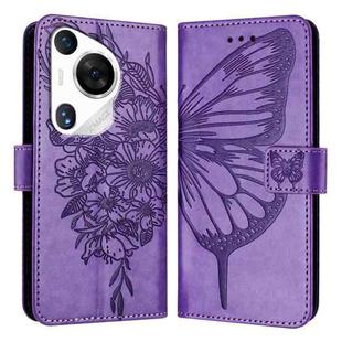 For Huawei Pura 70 Pro Embossed Butterfly Leather Phone Case(Purple)