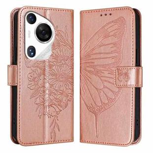 For Huawei Pura 70 Pro Embossed Butterfly Leather Phone Case(Rose Gold)