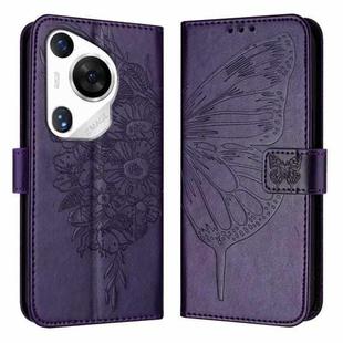 For Huawei Pura 70 Pro Embossed Butterfly Leather Phone Case(Dark Purple)