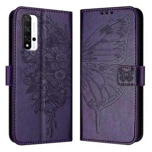 For Honor 20 / 20 Pro / 20S Embossed Butterfly Leather Phone Case(Dark Purple)