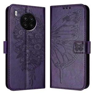 For Honor 50 Lite / Huawei Nova 8i Embossed Butterfly Leather Phone Case(Dark Purple)