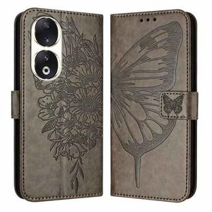For Honor 90 Embossed Butterfly Leather Phone Case(Grey)