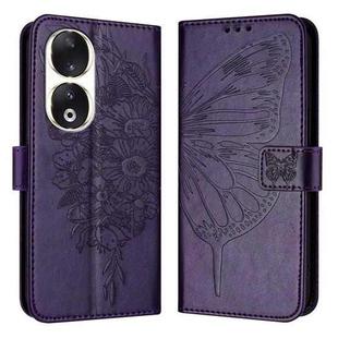 For Honor 90 Embossed Butterfly Leather Phone Case(Dark Purple)
